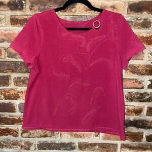 TanJay Red Floral Embroidered Grommet Short Sleeve Top Women's Size Large